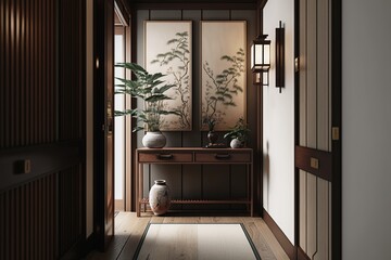 Japandi interior style hallway with door and bonsai tree