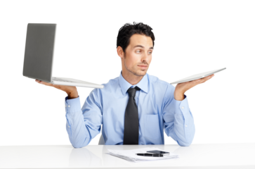 A young calculative businessman comparing or balancing a laptop to a digital tablet isolated on a png background