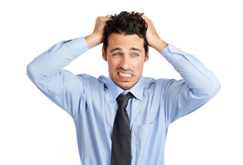 A frustrated businessman with his hands in his hair isolated on a png background.