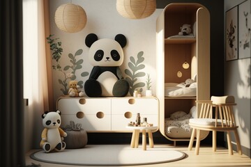 Japandi interior style children's room with panda