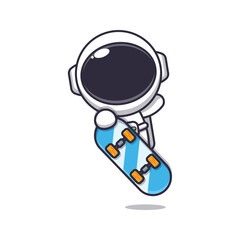 Cute astronaut mascot cartoon character with skateboard. 