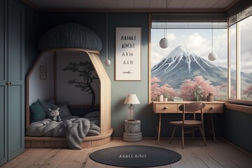 Japandi interior style children's room with a view to a snowy mountain
