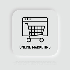 Online marketing thin line icon. Web page with shopping cart. Online strategy for promotion. Vector illustration.