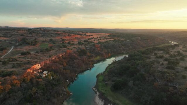 Scenic Landscape Of Llano River At Sunset In Texas, USA - aerial drone shot