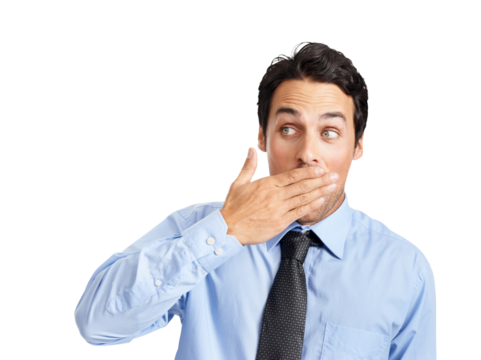 A shocked businessman covering his mouth with his hands and looking sideways with a strange look as if he is hiding a secret or not allowed to say something isolated on a png background