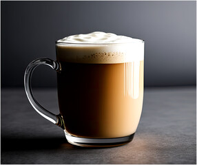 A Cup of Cafe Latte Cafe Au Lait or Chai Latte the Shows a Beige or Light Brown Drink with a White Foam on Top the Drink is in a Glass Mug and is on a Dark Gray Background with Copy Space