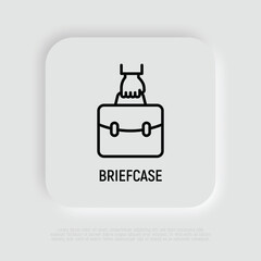 Briefcase in hand thin line icon. Symbol of portfolio. Vector illustration.