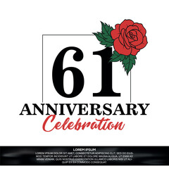 61th anniversary celebration logo  vector design with red rose  flower with black color font on white background abstract  