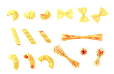 Pasta and macaroni icon set. Italian uncooked spaghetti, farfalle, penne isolated on white background 3d render. Various types of noodles, design elements for food advertising
