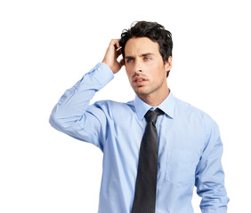 A handsome young businessman with a pensive look isolated on a png background.