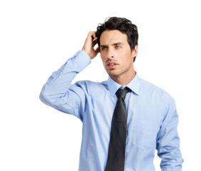 A handsome young businessman with a pensive look isolated on a png background.