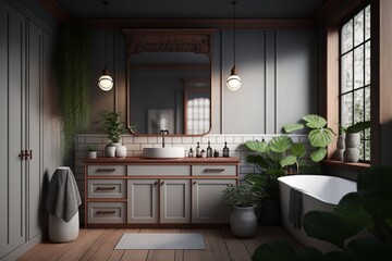 Japandi interior style bathroom with bathtub, washbasin, mirror and bamboo furniture