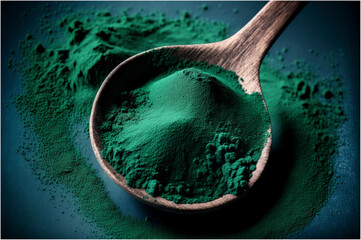 Green Spirulina Algae Powder on a Wooden Spoon Closeup