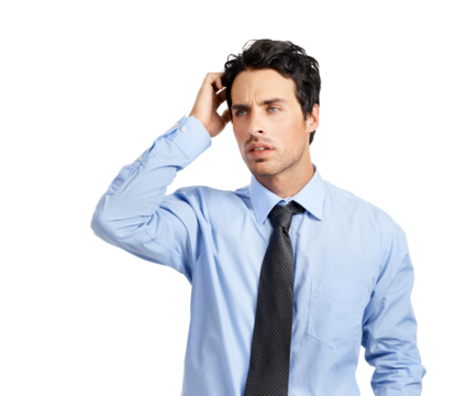 A handsome young businessman with a pensive look isolated on a png background.