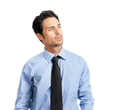 A handsome young businessman looking away sideways thoughtfully isolated on a png background.