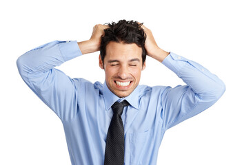 A frustrated stock broker or a customer care agent pulling his hair with hands with copy space isolated on a png background.