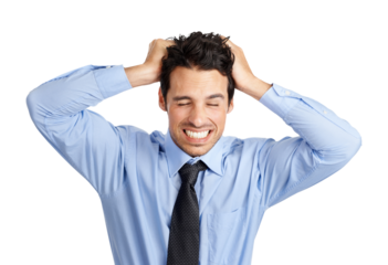A frustrated stock broker or a customer care agent pulling his hair with hands with copy space isolated on a png background.