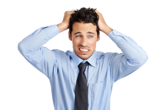 An irritated or frustrated employee or manager pulling his hair in distress with a copy space isolated on a png background.