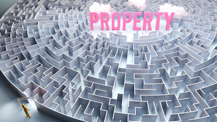 A journey to find Property - going through a confusing maze of obstacles and difficulties to finally reach property. A long and challenging path,3d illustration