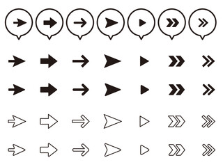 いろいろな種類のシンプルなモノクロ矢印アイコンセット