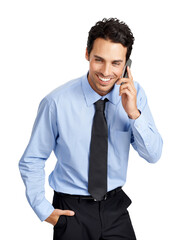 Fototapeta premium A groom-to-be entrepreneur or a business manager talking to his fiance during office hours expressing his happiness isolated on a png background.