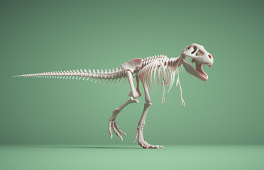 T rex skeleton isolated on green background.