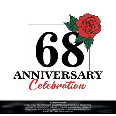 68th anniversary celebration logo  vector design with red rose  flower with black color font on white background abstract  