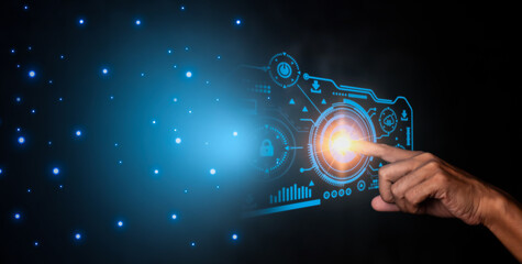 Human hand touching abstract network circle technology structure. Innovation networking future worldwide global concept