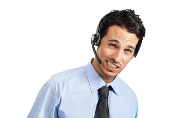 Overworked or frustrated call center representative  or an agent wearing a headset talking on the phone isolated on a png background.