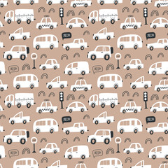 Seamless childish pattern with hand drawn cartoon cars. Creative kids texture for fabric, wrapping, textile, wallpaper, apparel. Vector illustration