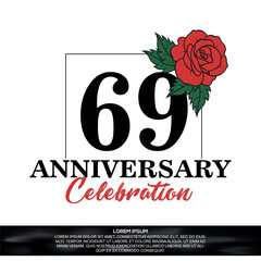69th anniversary celebration logo  vector design with red rose  flower with black color font on white background abstract  