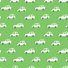 Seamless childish pattern with hand drawn cartoon cars. Creative kids texture for fabric, wrapping, textile, wallpaper, apparel. Vector illustration