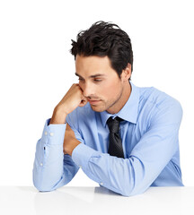 A demotivated entrepreneur leaning on a table with his head in his hands isolated on a png background.