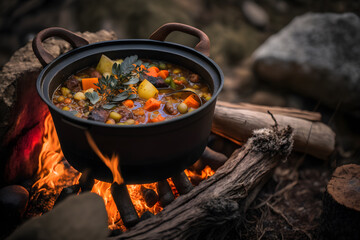 Delicious and hot hunters stew on bonfire food photography made with Generative AI