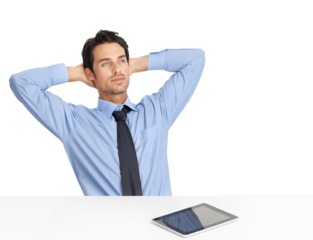 A thoughtful young businessman sitting and relaxing with his hands back on hos head and pretending ti calculate something isolated on a png background.