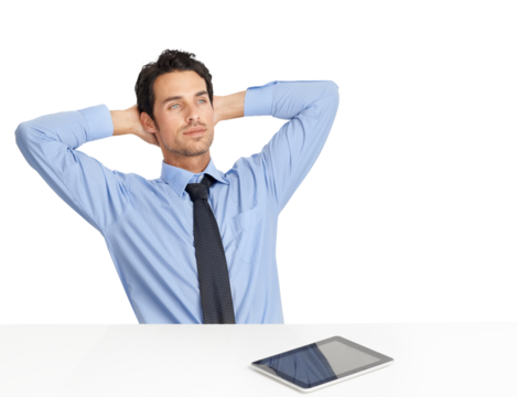 A thoughtful young businessman sitting and relaxing with his hands back on hos head and pretending ti calculate something isolated on a png background.