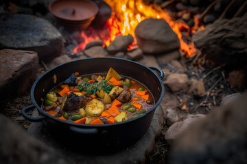 Delicious and hot hunters stew on bonfire food photography made with Generative AI