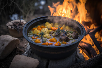 Delicious and hot hunters stew on bonfire food photography made with Generative AI