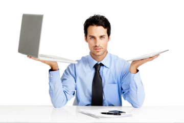 A young calculative business person comparing or balancing a laptop to a digital tablet isolated on a png background