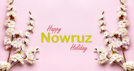 Sprigs of the apricot tree with flowers on pink background Text Happy Nowruz Holiday Concept of spring came Top view Flat lay Hello march, april, may, persian new year - 569810995