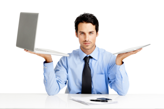 A young calculative business person comparing or balancing a laptop to a digital tablet isolated on a png background