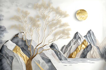 Drawing modern Landscape art 3d mural wallpaper. leaves tree, golden lines, golden sun and gray mountain, colorful marble background