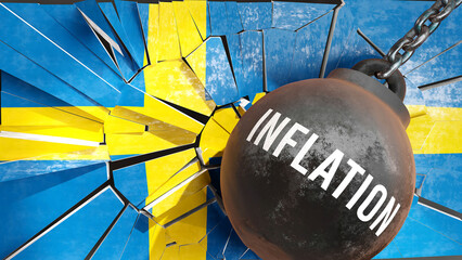 Sweden and Inflation that destroys the country and wrecks the economy. Inflation as a force causing possible future decline of the nation,3d illustration