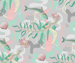 Seamless pattern of underwater sealife in pastel colors