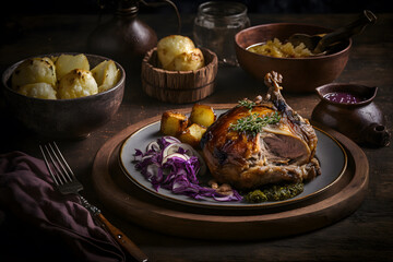 Cripsy roasted pork knuckle served with potatoes and pickled cabbage food photography made with Generative AI