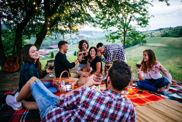 Group of friends spending time making a picnic and a barbeque