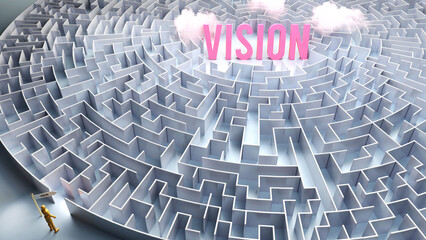 A journey to find Vision - going through a confusing maze of obstacles and difficulties to finally reach vision. A long and challenging path,3d illustration
