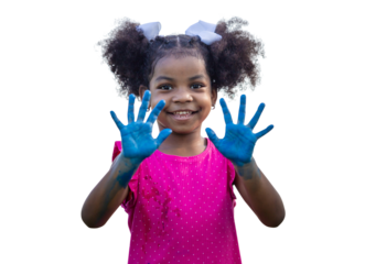 Cheerful little child girl showing painted hand, Cute little kid girl playing outdoors in the garden