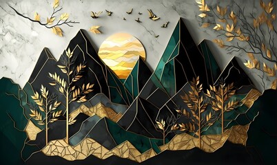 3d modern art mural wallpaper with Drawing modern Landscape art. leaves tree, golden lines, dark green sun and mountain, colorful marble background