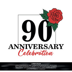 90th anniversary celebration logo  vector design with red rose  flower with black color font on white background abstract  